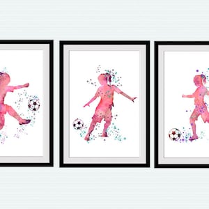 Soccer girl poster Set of 3 Soccer sport print Football player poster Sport watercolor Gift for her Kids room decor Wall art Home decor S9