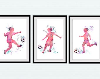 Soccer Girl Watercolor Print Set: Sport Art for Kids Room S9