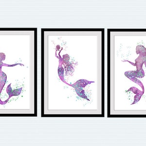 Mermaid watercolor poster Set of 3 Mermaid wall decor Mermaid print Bathroom decor Gift for her Wall art Birthday gift Home decor S40