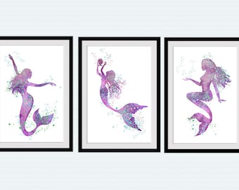 Mermaid watercolor poster Set of 3 Mermaid wall decor Mermaid print Bathroom decor Gift for her Wall art Birthday gift Home decor S40