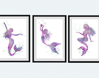 Mermaid watercolor poster Set of 3 mermaids Mermaid wall decor in purple Mermaid art print Girls room wall art Kids room decor in purple S40