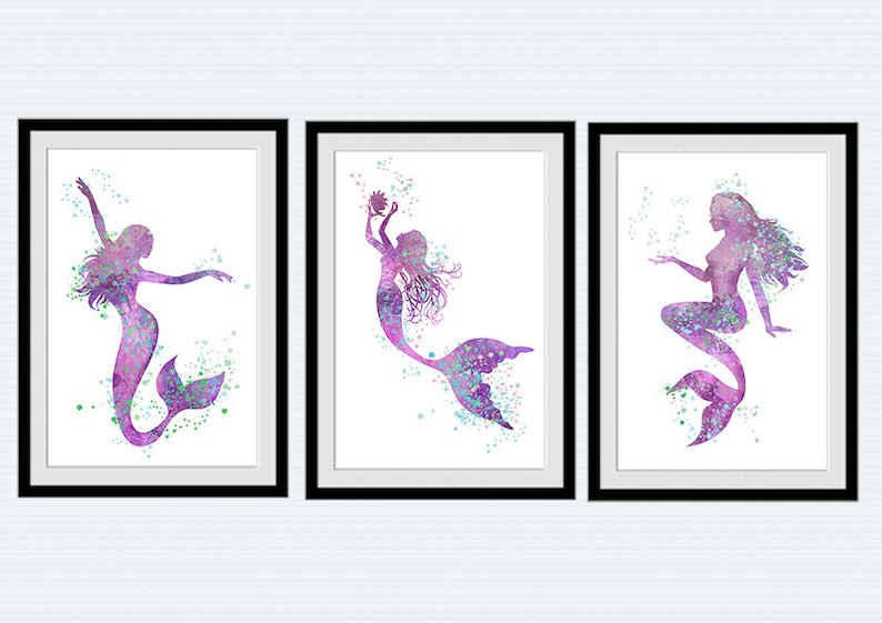 Mermaid watercolor poster Set of 3 mermaids Mermaid wall decor Etsy