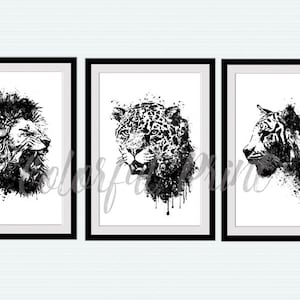 Animal print Set of 3 Animal poster Big cat decor Black and white art Tiger print Animal wall art Cat decoration Lion poster S83