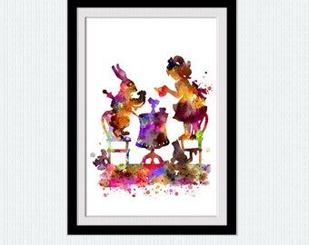 Alice and rabbit Alice in Wonderland Disney wall decor White Rabbit art Wonderland watercolor Alice poster W602
