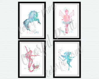 Fantasy poster Set of 4 Mermaid print Fairy wall decor Kids room wall art Teal decor Playroom decoration Pink wall art Nursery art decor S53