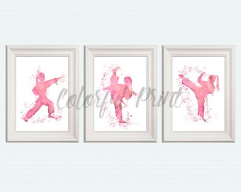 Taekwondo print Set of 3 Sport illustration Taekwondo poster Martial art Taekwondo girl Karate print Girls room decor Karate poster S103