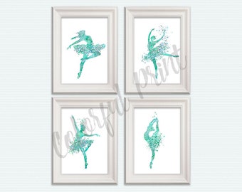 Ballet poster Set of 4 Ballerina print Ballet decor Ballerina teal Ballet studio Ballerina poster Aqua decor Nursery art Playground art S78