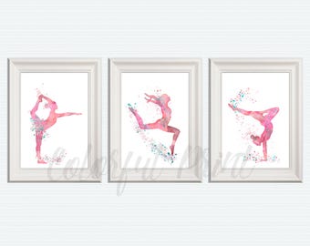 Gymnastics Wall Art Set – Girls Gymnastics Poster 3-Print Sport Illustration – Gymnast Gift – Pink Watercolor Gym Decor S64