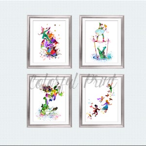 Peter Pan Wall Art Set of 4 Prints, Neverland Nursery Decor, Boys Room Prints, Wendy, Tinker Bell, Lost Boys, Adventure Quote Art S17