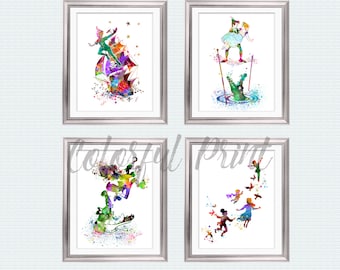 Juego de 4 láminas decorativas de Peter Pan para pared, decoración infantil de Nunca Jamás, láminas para habitación de niño, Wendy, Campanilla, Niños Perdidos, arte con cita de aventura S17