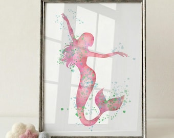 Mermaid Watercolor Art Print, Fantasy Ocean Nursery Decor W738