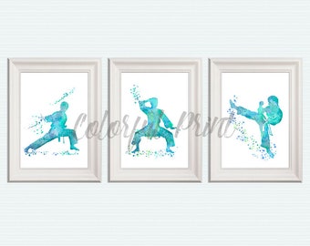 Karate Print Set: Teal Sport Illustration, Boys Room Decor S87