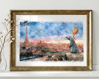 Ratatouille on the Roof Paris Watercolor Art Print, Whimsical French Kitchen Wall Decor, Little Chef in Paris Poster, Nursery Art W956