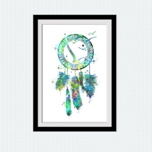 May include: Watercolor painting of a dreamcatcher in a black frame. The dreamcatcher is a circle with a web design, birds, and feathers in shades of blue, green, and yellow. The artwork is on a white background.
