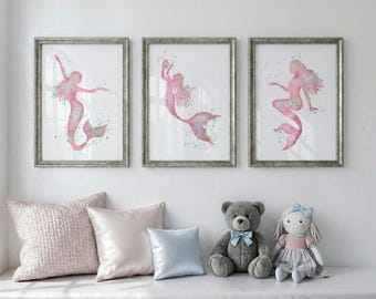 Mermaid Wall Art Set of 3, Ocean Fantasy Nautical Decor, Vintage Siren Print, Coastal Bedroom Decor, Fantasy Mermaid Art Prints S21