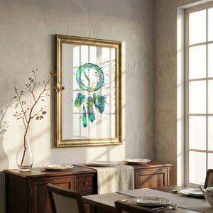 Boho chic dreamcatcher wall art poster with bold splashes of blue, purple, pink, and yellow watercolor paint, showcasing detailed feathers hanging down against a clean white background.