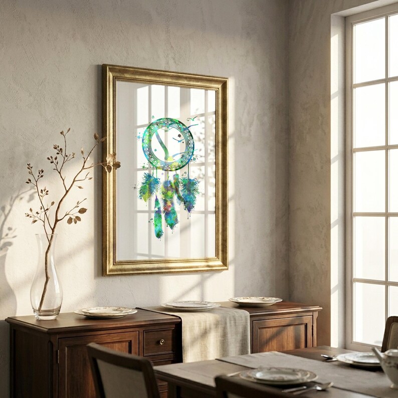 Boho chic dreamcatcher wall art poster with bold splashes of blue, purple, pink, and yellow watercolor paint, showcasing detailed feathers hanging down against a clean white background.