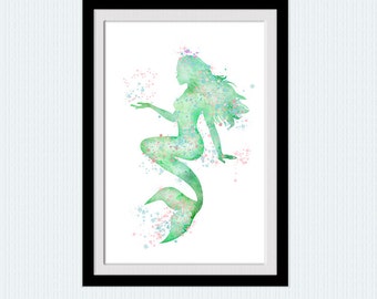 Mint Green Mermaid Watercolor Print: Nursery Wall Art W743