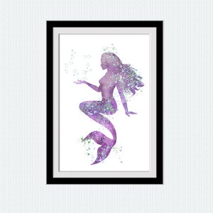 May include: Purple watercolor silhouette of a mermaid with a flowing tail and hair, surrounded by blue and green watercolor dots.