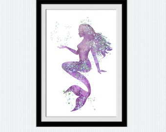 Mermaid print Mermaid poster Mermaid watercolor Nursery art Purple mermaid print Baby shower gift Mermaid purple art W789