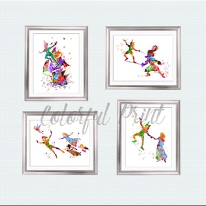 Peter Pan poster Set of 4 Wendy print Disney wall decor Lost Boys poster Neverland print Nursery art Peter Pan watercolor Neverland art S18