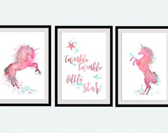 Unicorn poster Set of 3 Unicorn wall decor Twinkle twinkle little star print Nursery room decor Pink wall art Playroom art decoration S41