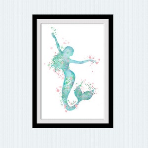 May include: A watercolor painting of a mermaid with a teal tail and pink and green accents. The mermaid is silhouetted against a white background.