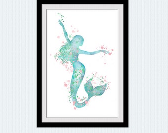 Watercolor Mermaid Print: Nursery Wall Art, Birthday Gift W740