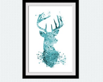 Deer watercolor poster Deer head colorful print Animal illustration Oh Deer Wall hanging decor Living room decor Blue aqua turquoise W220