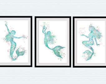 Mermaid poster Set of 3 Mermaid print Bathroom decor Mermaid watercolor Nautical poster Ocean decor Wall art Home decor Gift for her S22