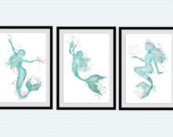 Mermaid art poster Set of 3 prints Mermaid watercolor Home decoration Set of 3 mermaids wall decor Nursery room wall art Kids room decor S22