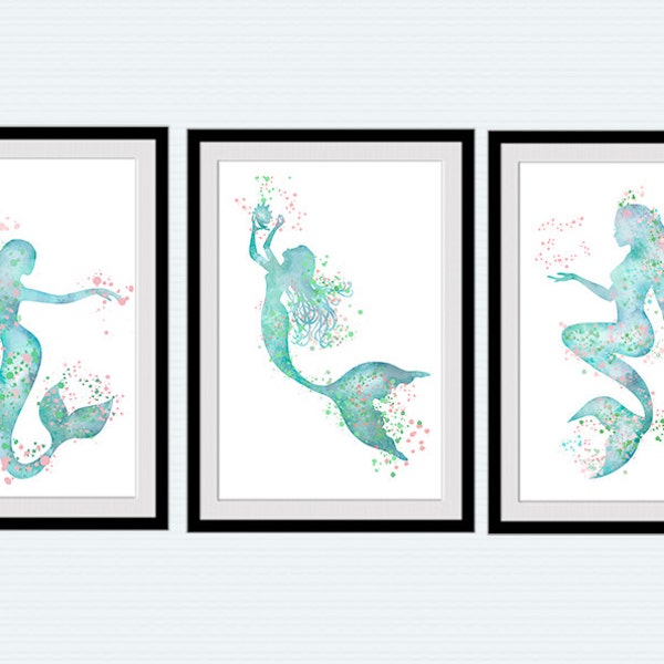 Mermaid art poster Set of 3 prints Mermaid watercolor Home decoration Set of 3 mermaids wall decor Nursery room wall art Kids room decor S22