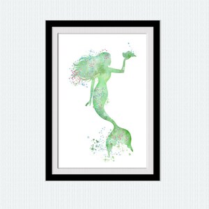 May include: A watercolor painting of a mermaid silhouette in shades of green and blue, holding a seashell. The mermaid has long flowing hair and a tail with a splash of color.