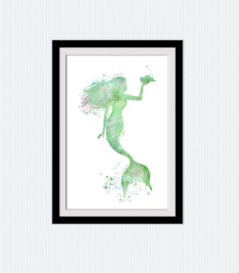 May include: A watercolor painting of a mermaid silhouette in shades of green and blue, holding a seashell. The mermaid has long flowing hair and a tail with a splash of color.