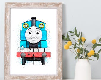 Thomas Train Watercolor Print, Blue Steam Engine Nursery Wall Art, Kids Train Decor, Vintage Railway Illustration, Boys Room Art Gift W950