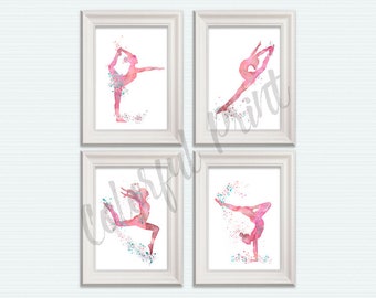 Conjunto de impresiones de gimnastas: Arte deportivo en acuarela rosa (juego de 4) S65