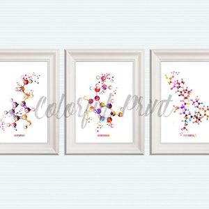 Stampa di molecole Set di 3 Molecole di dopamina Stampa di ossitocina Poster di serotonina Struttura della molecola Decorazione chimica Decorazione per ufficio del terapista S90
