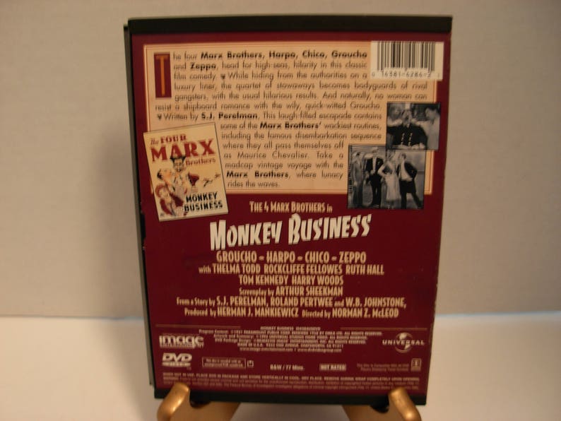 Bande de DVD, Monkey Business, Marx Brothers, Groucho, Harpo, noir & blanc, plein écran, livraison gratuite image 2