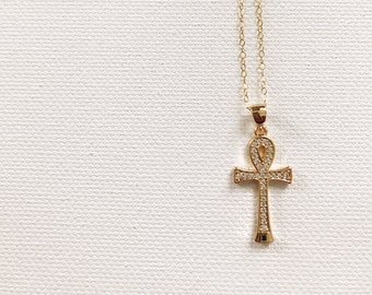 Crystal Ankh Necklace // Key of Life, Gold Ankh Necklace, Ancient Egyptian Jewelry, Ethnic Jewelry, Brass Jewelry,Afrocentric