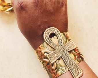 Ankh Life Cuff // Key of Life, Gold Ankh Bracelet, Ancient Egyptian Jewelry, Ethnic Jewelry, Brass Jewelry, Afrocentric Cuff Bracelet