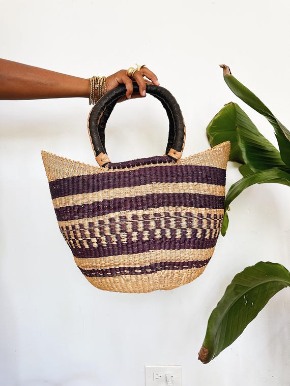Woven African Market Tote- Natural & Navy// African Wicker Bag, Afrocentric, Market Tote, Market Basket, Beach Bag, Straw Bag, Bolga Basket