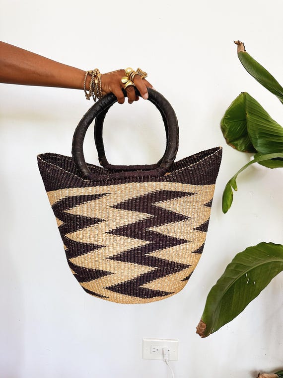 Woven African Market Tote-Natural & Navy #2/African Wicker Bag, Afrocentric, Market Tote, Market Basket, Beach Bag, Straw Bag, Bolga Basket