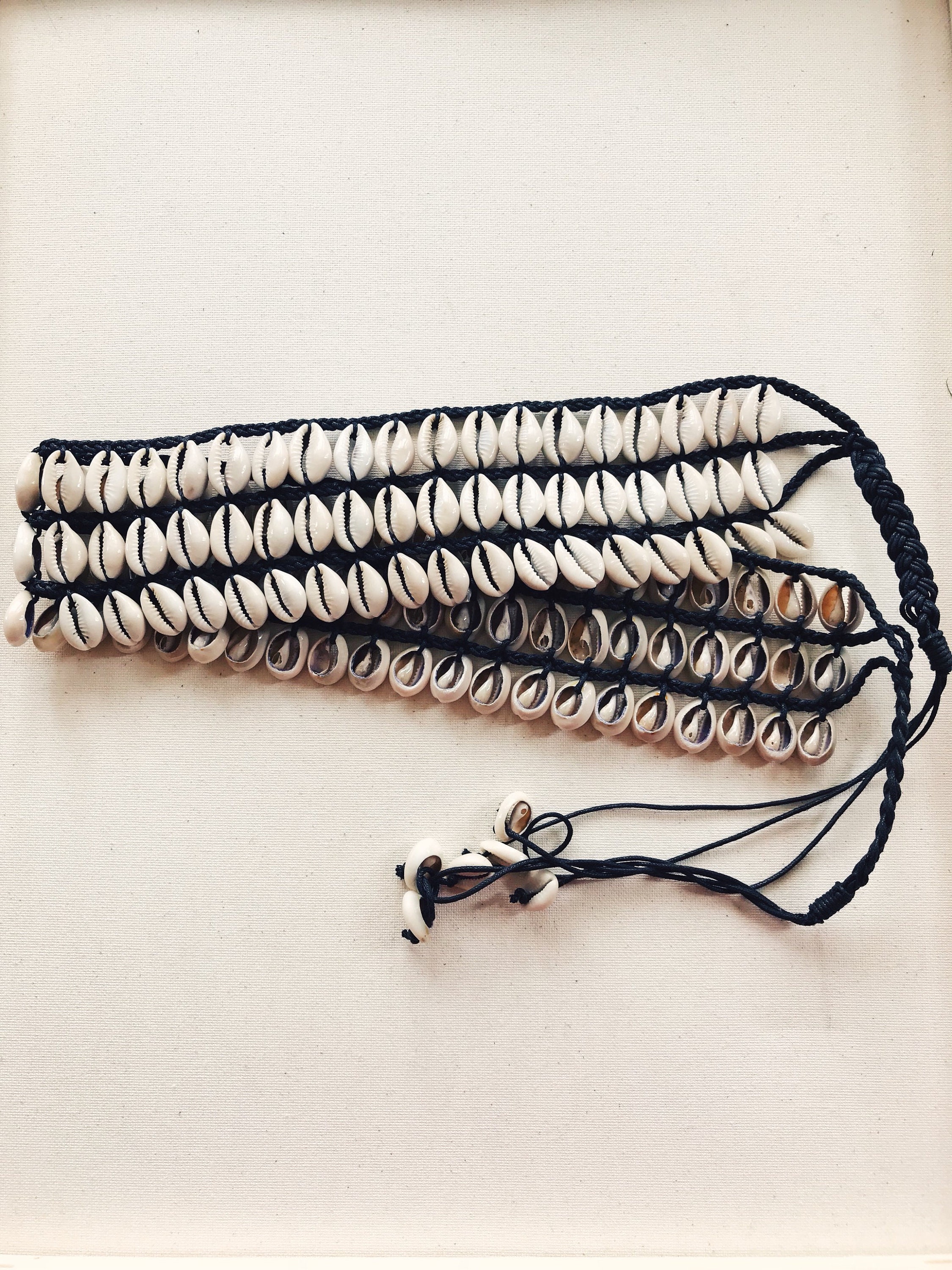 Hand Crafted,  Cowrie Shell, Black Beaded Tie Belt, Vintage 43.50\