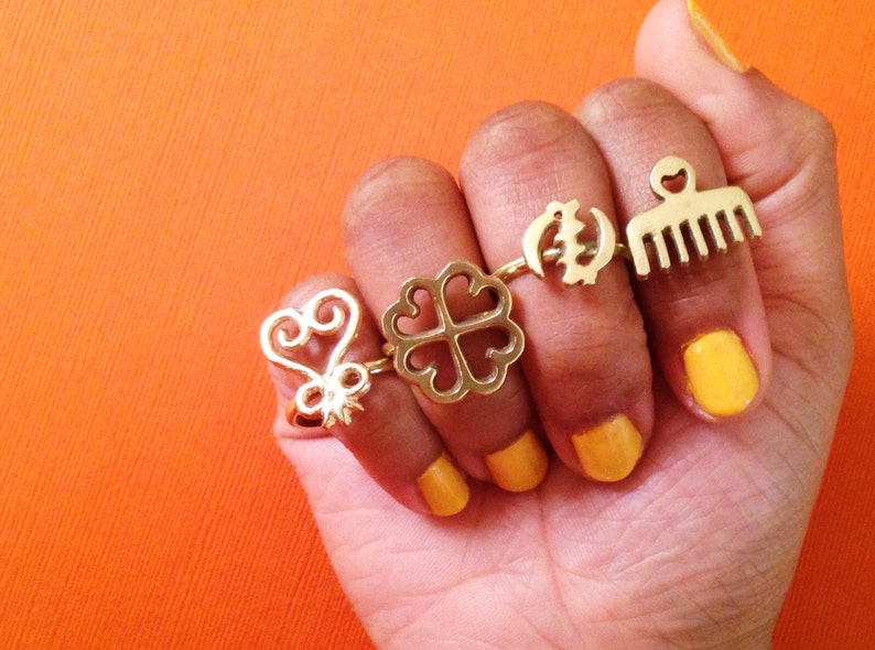 Adinkra African Symbol Rings // Adinkra Rings, Gold Symbol Ring, African Jewelry, Ethnic Jewelry, Brass Jewelry, Statement Ring, Afrocentric image 1