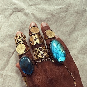 May include: A hand adorned with multiple gold rings, including large oval rings with blue gemstones and smaller rings with coin-like details. A delicate chain connects two rings. The rings are set against a neutral background.