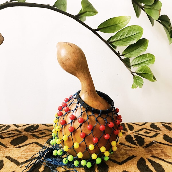 Small Beaded Shekere Rattle #2 //Jabara, Axatse, Netted Cowrie Shell Gourd Rattle, African Home Decor
