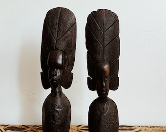 Retro Afro Crown Statue// Vintage African Wood Statue, African Art, African Decor, African Woman Sculpture, Woman Figure