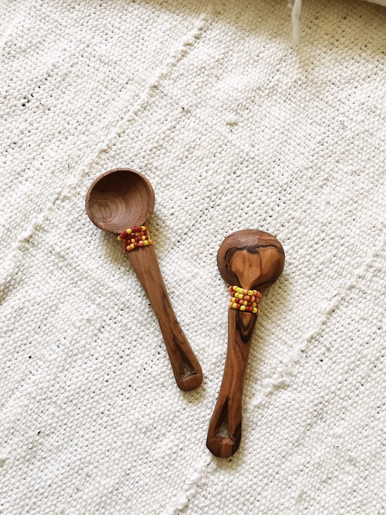 Beaded Olive Wood Scoops //african Goods African Spoons Wood Etsy