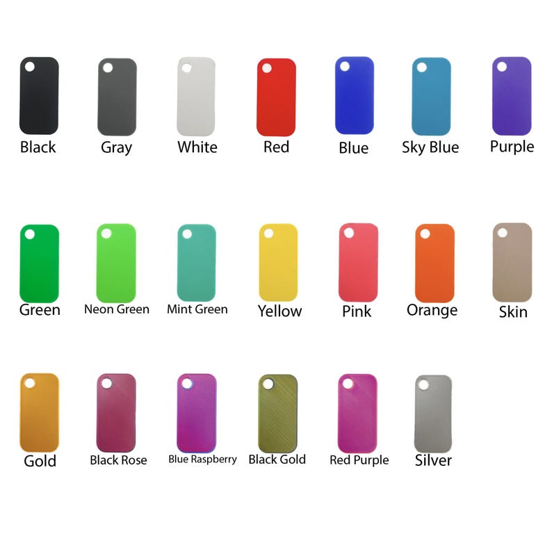 May include: A chart of 18 color swatches, each representing a different color. The colors are arranged in three rows of six swatches. The colors are: black, gray, white, red, blue, sky blue, purple, green, neon green, mint green, yellow, pink, orange, skin, gold, black rose, blue raspberry, black gold, red purple, and silver.