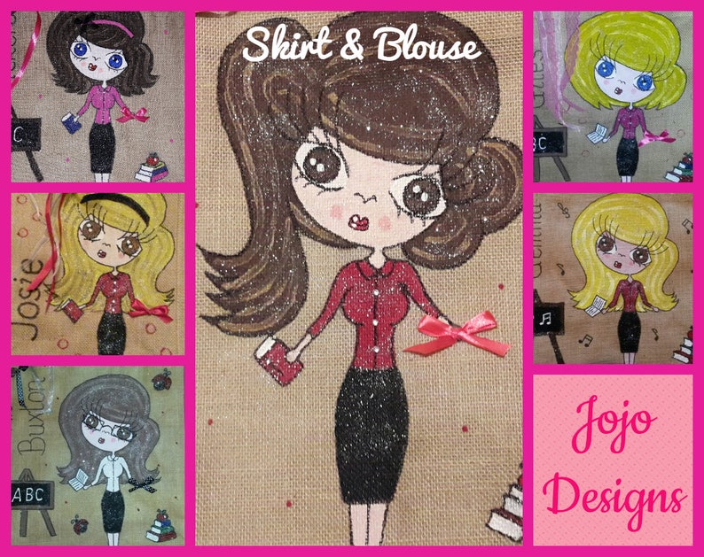 Any Name or words Unique Gift Personalised /'Mini Me/' Jute Tote Bag Hand painted Skirt and Blouse Design